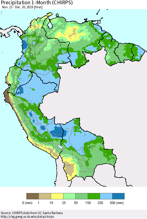 Northern South America Precipitation 1-Month (CHIRPS) Thematic Map For 11/21/2019 - 12/20/2019