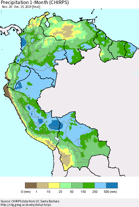 Northern South America Precipitation 1-Month (CHIRPS) Thematic Map For 11/26/2019 - 12/25/2019
