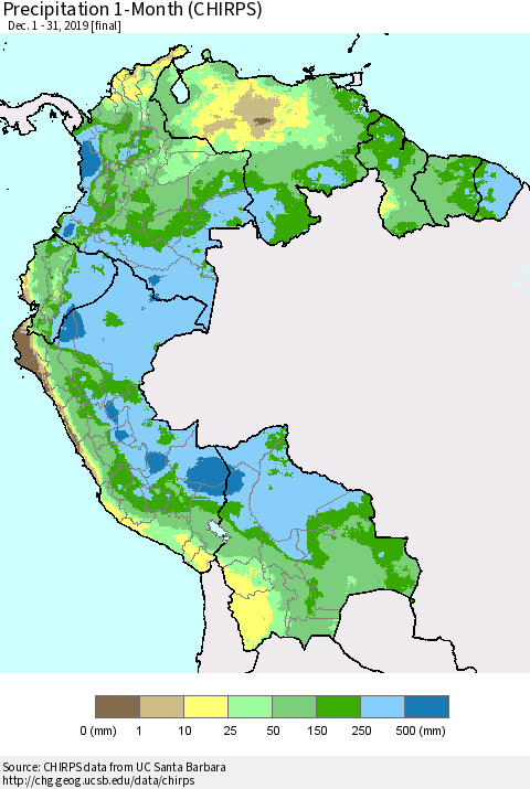 Northern South America Precipitation 1-Month (CHIRPS) Thematic Map For 12/1/2019 - 12/31/2019