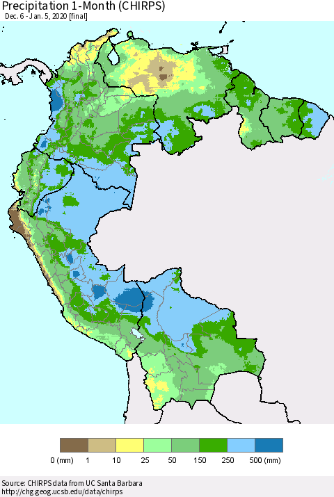 Northern South America Precipitation 1-Month (CHIRPS) Thematic Map For 12/6/2019 - 1/5/2020