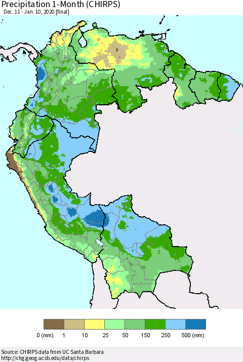 Northern South America Precipitation 1-Month (CHIRPS) Thematic Map For 12/11/2019 - 1/10/2020