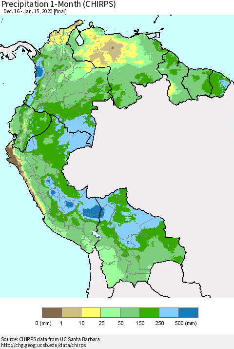 Northern South America Precipitation 1-Month (CHIRPS) Thematic Map For 12/16/2019 - 1/15/2020