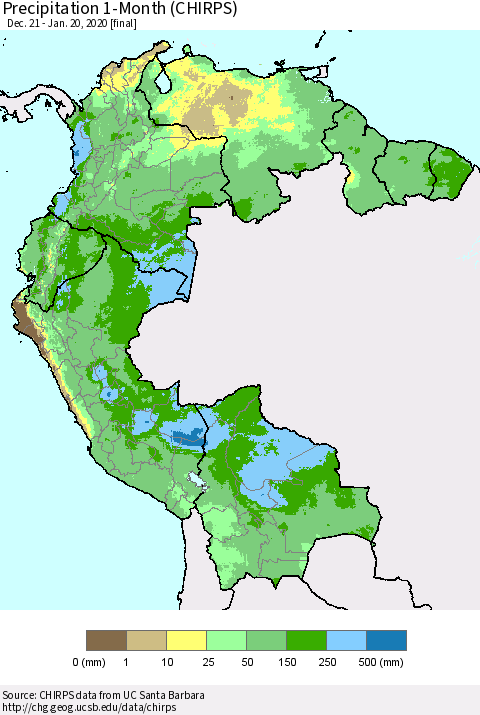 Northern South America Precipitation 1-Month (CHIRPS) Thematic Map For 12/21/2019 - 1/20/2020