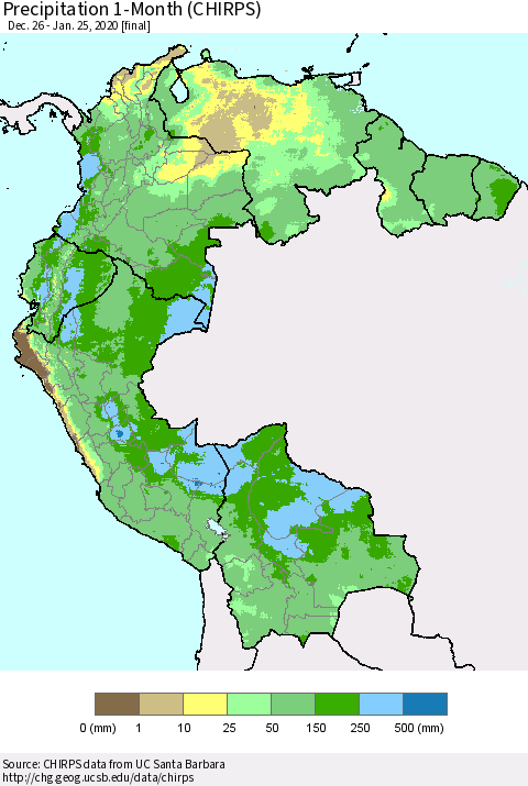 Northern South America Precipitation 1-Month (CHIRPS) Thematic Map For 12/26/2019 - 1/25/2020