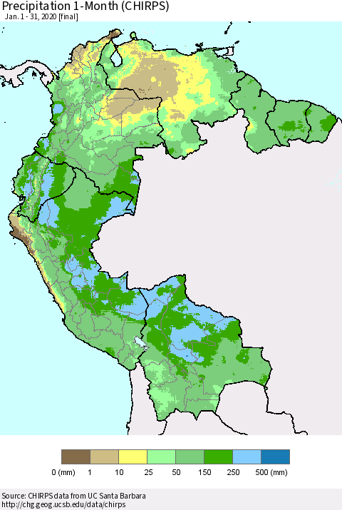 Northern South America Precipitation 1-Month (CHIRPS) Thematic Map For 1/1/2020 - 1/31/2020