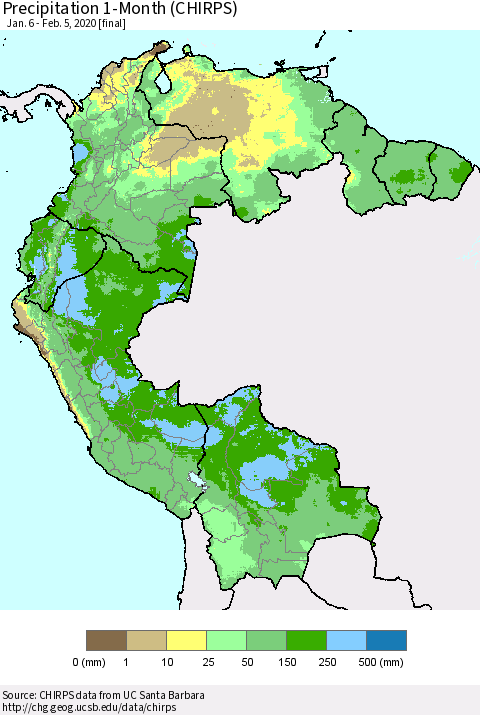 Northern South America Precipitation 1-Month (CHIRPS) Thematic Map For 1/6/2020 - 2/5/2020