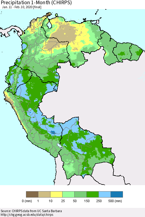 Northern South America Precipitation 1-Month (CHIRPS) Thematic Map For 1/11/2020 - 2/10/2020