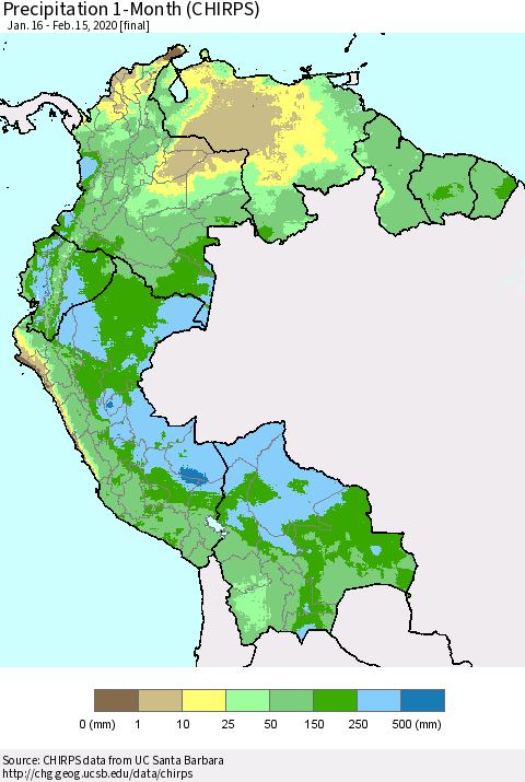 Northern South America Precipitation 1-Month (CHIRPS) Thematic Map For 1/16/2020 - 2/15/2020