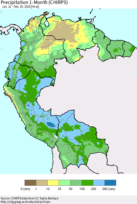 Northern South America Precipitation 1-Month (CHIRPS) Thematic Map For 1/21/2020 - 2/20/2020