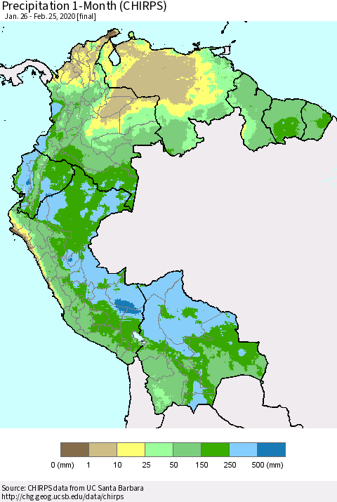 Northern South America Precipitation 1-Month (CHIRPS) Thematic Map For 1/26/2020 - 2/25/2020