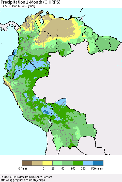 Northern South America Precipitation 1-Month (CHIRPS) Thematic Map For 2/11/2020 - 3/10/2020
