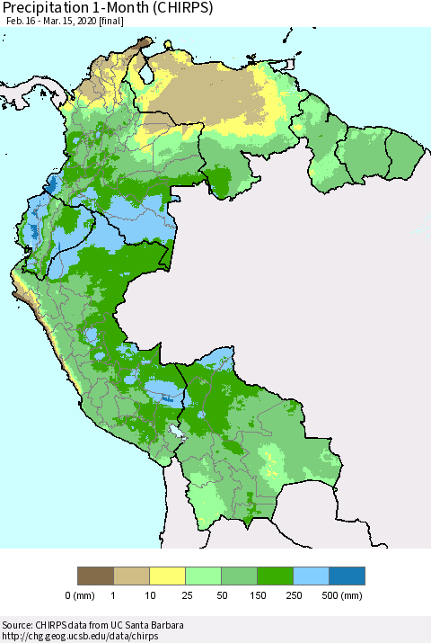 Northern South America Precipitation 1-Month (CHIRPS) Thematic Map For 2/16/2020 - 3/15/2020