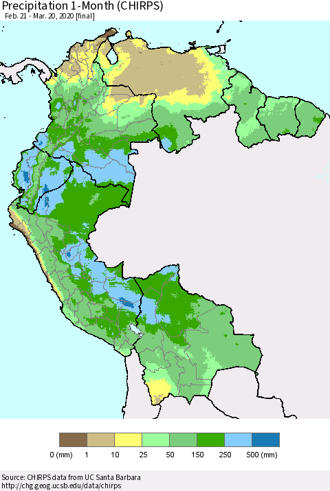 Northern South America Precipitation 1-Month (CHIRPS) Thematic Map For 2/21/2020 - 3/20/2020