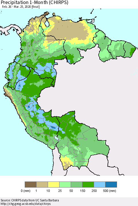 Northern South America Precipitation 1-Month (CHIRPS) Thematic Map For 2/26/2020 - 3/25/2020