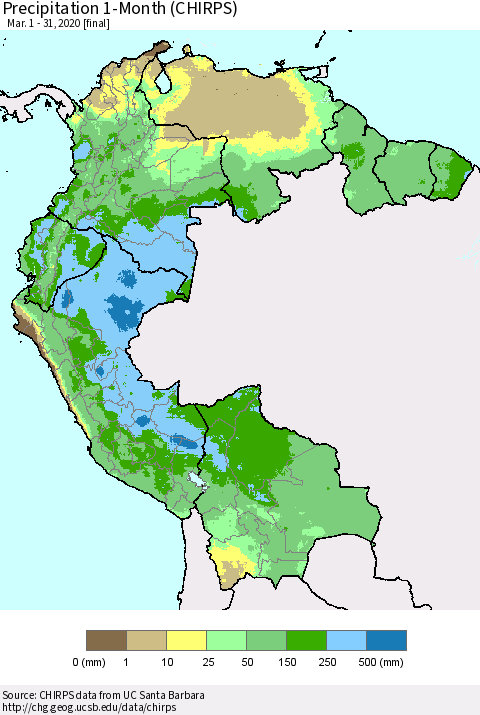 Northern South America Precipitation 1-Month (CHIRPS) Thematic Map For 3/1/2020 - 3/31/2020