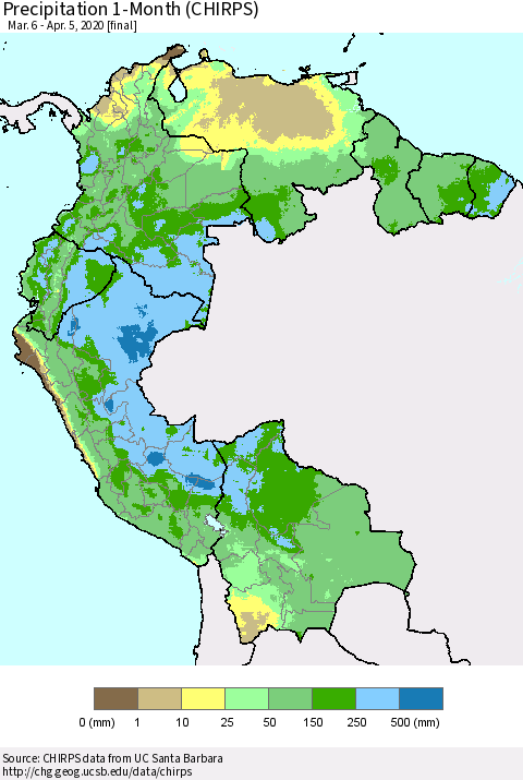 Northern South America Precipitation 1-Month (CHIRPS) Thematic Map For 3/6/2020 - 4/5/2020