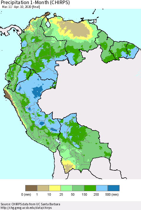 Northern South America Precipitation 1-Month (CHIRPS) Thematic Map For 3/11/2020 - 4/10/2020
