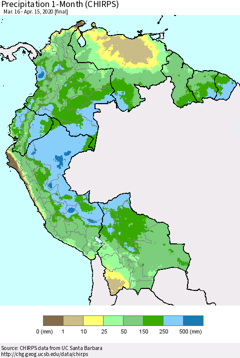 Northern South America Precipitation 1-Month (CHIRPS) Thematic Map For 3/16/2020 - 4/15/2020