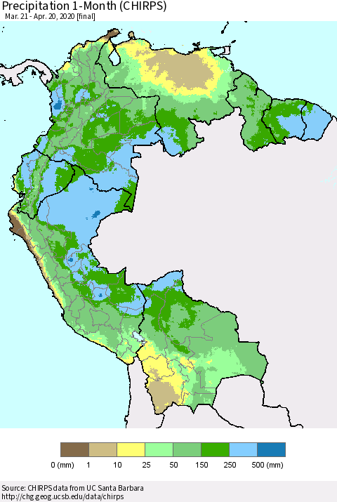 Northern South America Precipitation 1-Month (CHIRPS) Thematic Map For 3/21/2020 - 4/20/2020