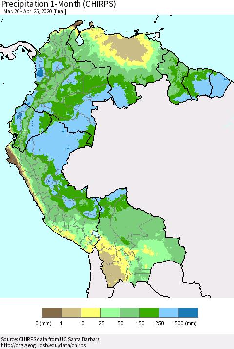 Northern South America Precipitation 1-Month (CHIRPS) Thematic Map For 3/26/2020 - 4/25/2020