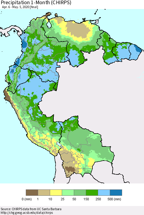 Northern South America Precipitation 1-Month (CHIRPS) Thematic Map For 4/6/2020 - 5/5/2020