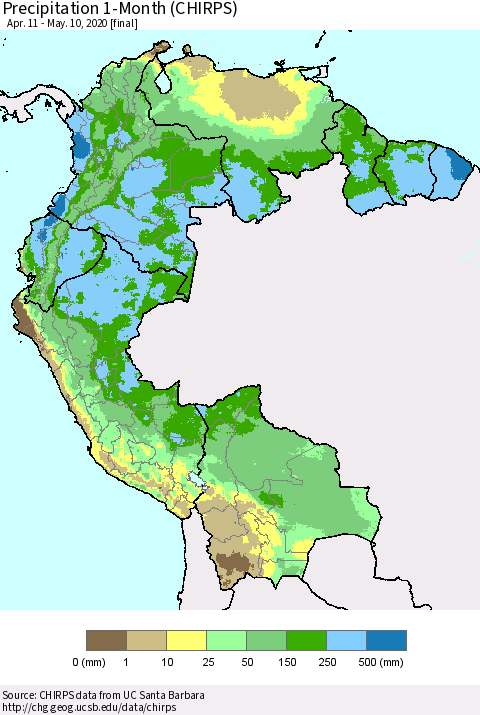 Northern South America Precipitation 1-Month (CHIRPS) Thematic Map For 4/11/2020 - 5/10/2020
