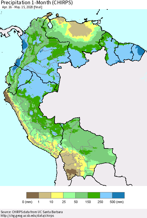 Northern South America Precipitation 1-Month (CHIRPS) Thematic Map For 4/16/2020 - 5/15/2020