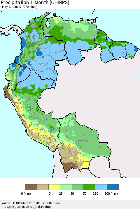 Northern South America Precipitation 1-Month (CHIRPS) Thematic Map For 5/6/2020 - 6/5/2020