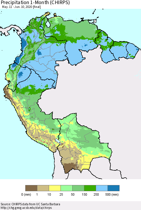 Northern South America Precipitation 1-Month (CHIRPS) Thematic Map For 5/11/2020 - 6/10/2020