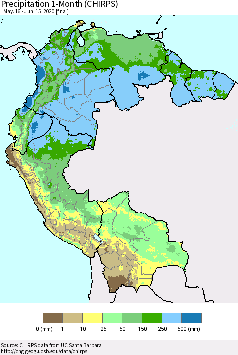 Northern South America Precipitation 1-Month (CHIRPS) Thematic Map For 5/16/2020 - 6/15/2020