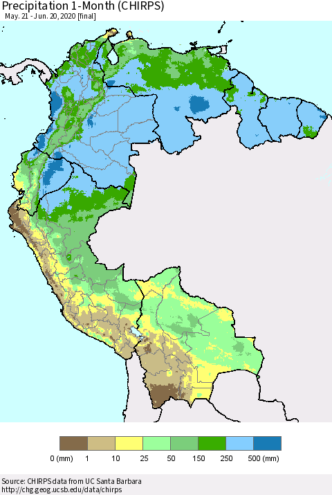 Northern South America Precipitation 1-Month (CHIRPS) Thematic Map For 5/21/2020 - 6/20/2020
