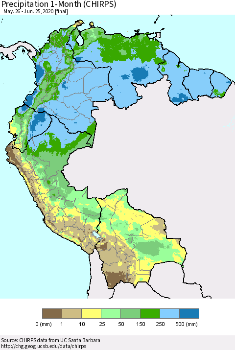 Northern South America Precipitation 1-Month (CHIRPS) Thematic Map For 5/26/2020 - 6/25/2020