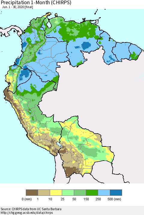 Northern South America Precipitation 1-Month (CHIRPS) Thematic Map For 6/1/2020 - 6/30/2020
