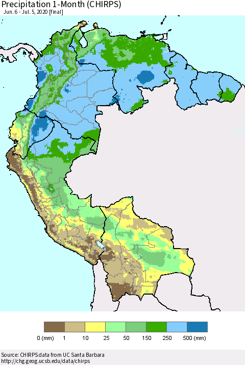 Northern South America Precipitation 1-Month (CHIRPS) Thematic Map For 6/6/2020 - 7/5/2020