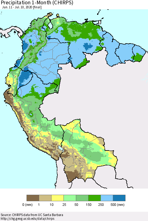 Northern South America Precipitation 1-Month (CHIRPS) Thematic Map For 6/11/2020 - 7/10/2020