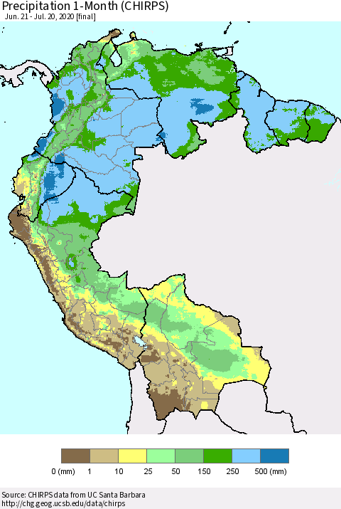 Northern South America Precipitation 1-Month (CHIRPS) Thematic Map For 6/21/2020 - 7/20/2020