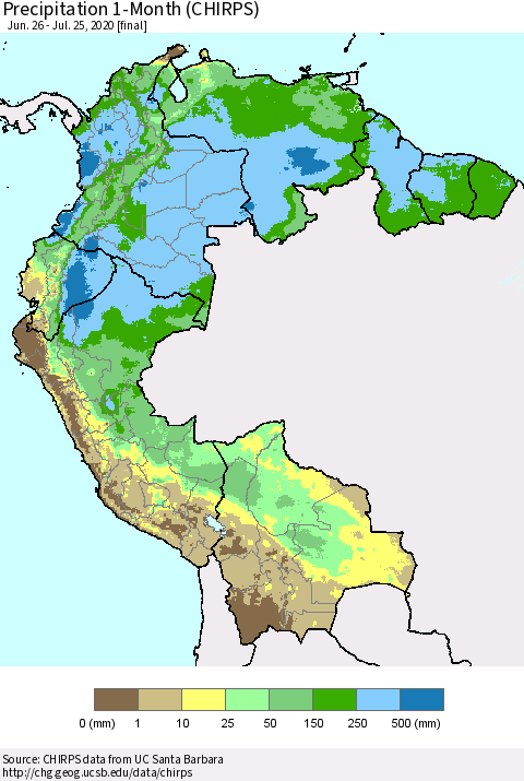 Northern South America Precipitation 1-Month (CHIRPS) Thematic Map For 6/26/2020 - 7/25/2020