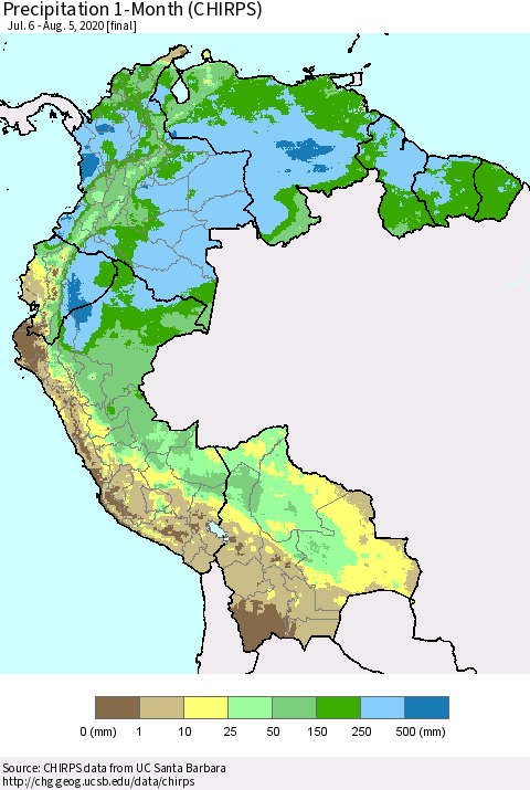 Northern South America Precipitation 1-Month (CHIRPS) Thematic Map For 7/6/2020 - 8/5/2020