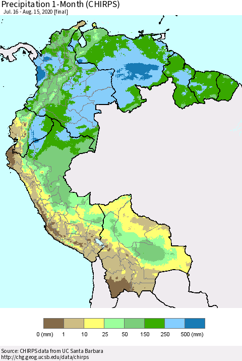 Northern South America Precipitation 1-Month (CHIRPS) Thematic Map For 7/16/2020 - 8/15/2020