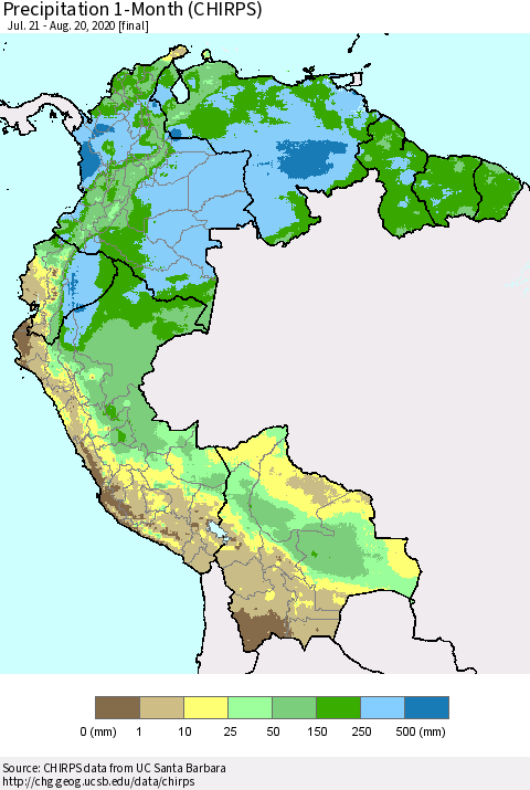 Northern South America Precipitation 1-Month (CHIRPS) Thematic Map For 7/21/2020 - 8/20/2020