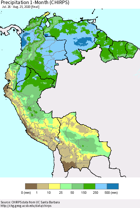 Northern South America Precipitation 1-Month (CHIRPS) Thematic Map For 7/26/2020 - 8/25/2020