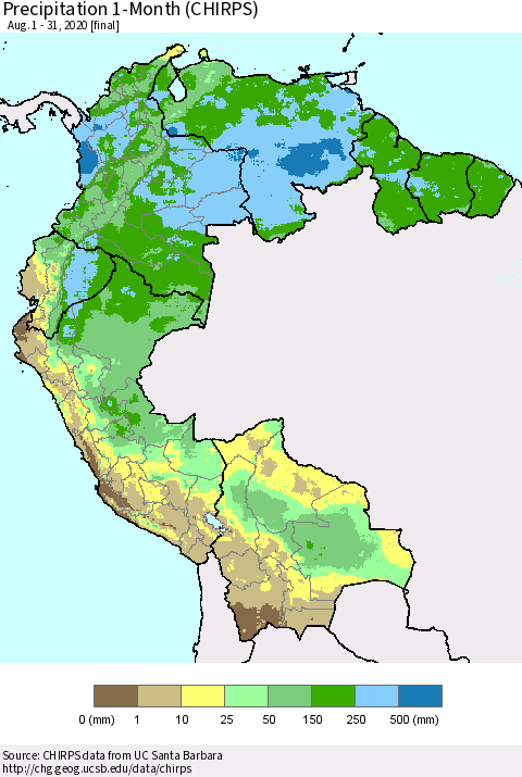 Northern South America Precipitation 1-Month (CHIRPS) Thematic Map For 8/1/2020 - 8/31/2020