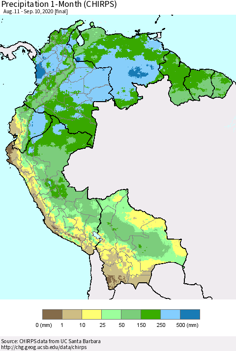Northern South America Precipitation 1-Month (CHIRPS) Thematic Map For 8/11/2020 - 9/10/2020