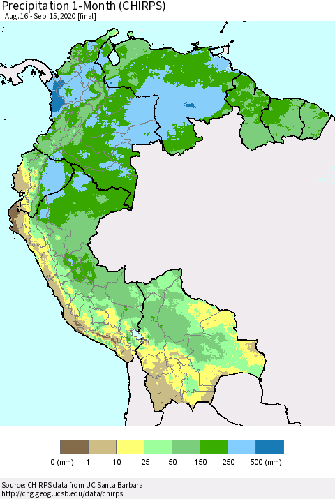 Northern South America Precipitation 1-Month (CHIRPS) Thematic Map For 8/16/2020 - 9/15/2020