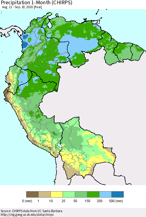 Northern South America Precipitation 1-Month (CHIRPS) Thematic Map For 8/21/2020 - 9/20/2020