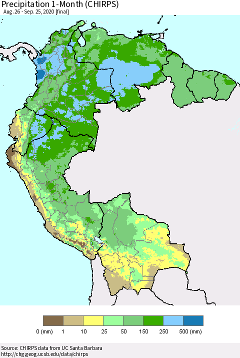Northern South America Precipitation 1-Month (CHIRPS) Thematic Map For 8/26/2020 - 9/25/2020