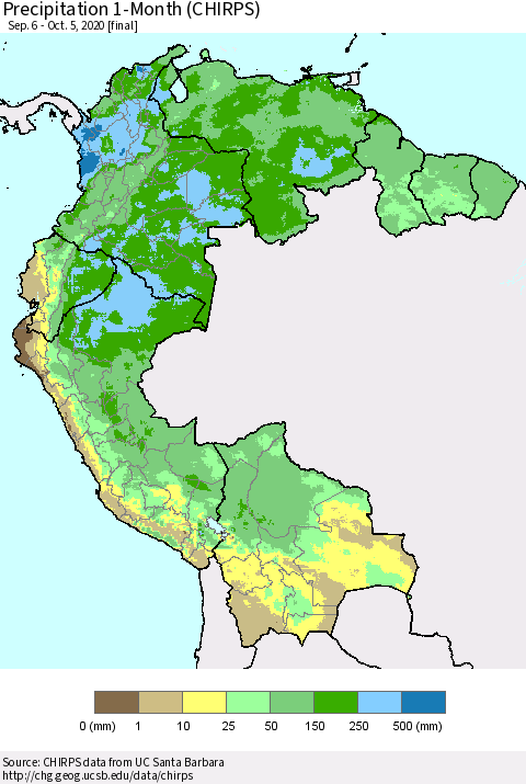 Northern South America Precipitation 1-Month (CHIRPS) Thematic Map For 9/6/2020 - 10/5/2020