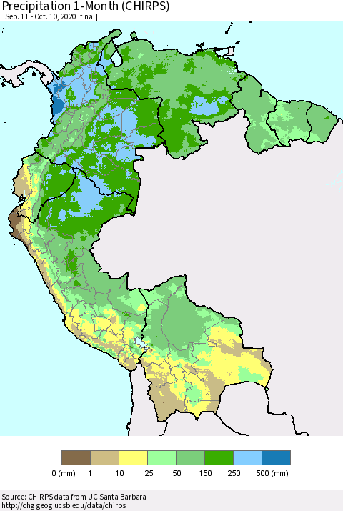 Northern South America Precipitation 1-Month (CHIRPS) Thematic Map For 9/11/2020 - 10/10/2020