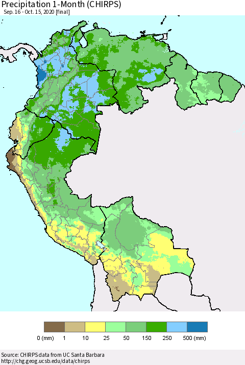 Northern South America Precipitation 1-Month (CHIRPS) Thematic Map For 9/16/2020 - 10/15/2020