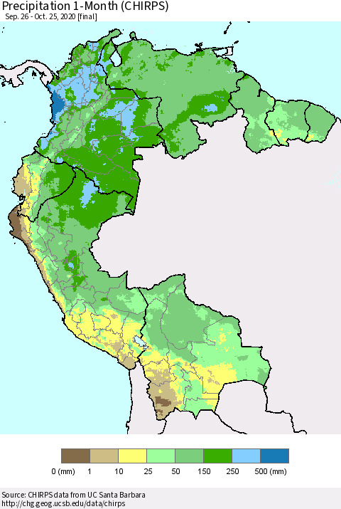 Northern South America Precipitation 1-Month (CHIRPS) Thematic Map For 9/26/2020 - 10/25/2020